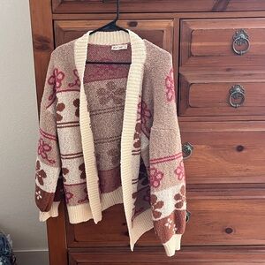 New In Chic Pink and Cream Knit Floral Cardigan Size Large NWOT